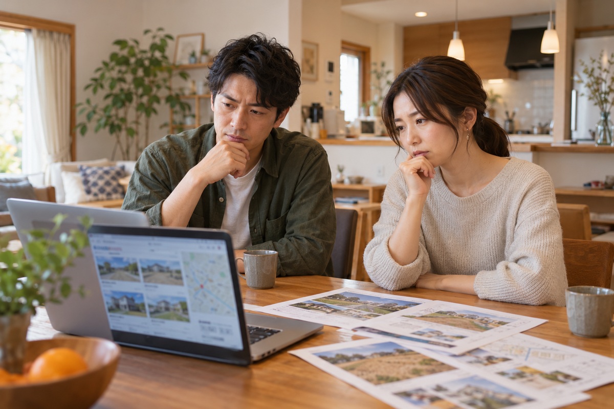 土地探しで悩む30代の夫婦。