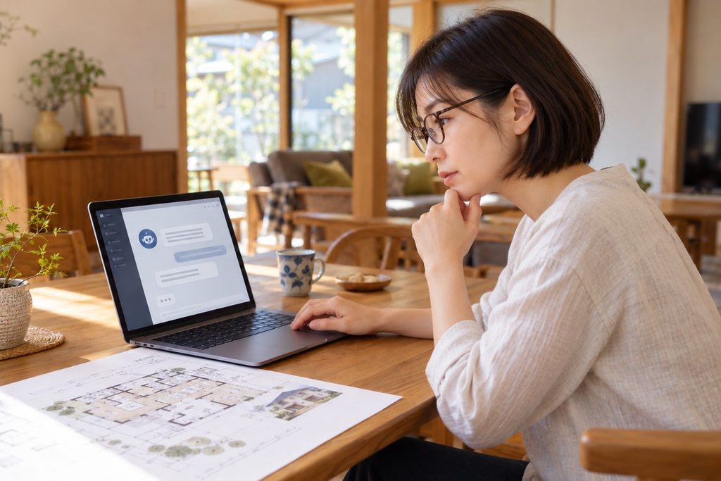 AIで家づくりの情報を集める30代の女性（奥様）。