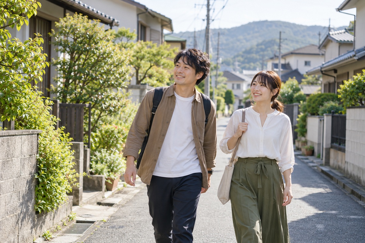 知らない街を歩いてみる30代の夫婦。