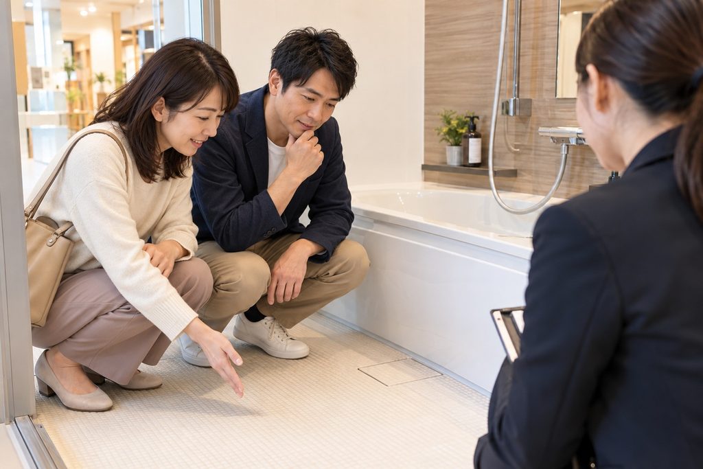 浴室で、掃除しやすい床材を提案されて笑顔の30代ご夫婦。