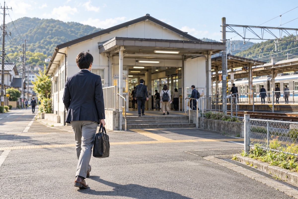 最寄駅まで歩いて通勤する30代の男性。