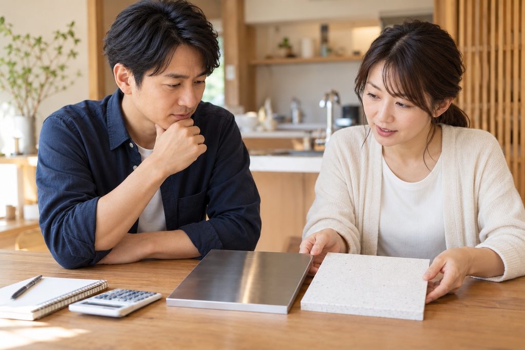ふたつの選択肢で、どちらにお金をかけると満足できそうか思案中の30代ご夫婦。