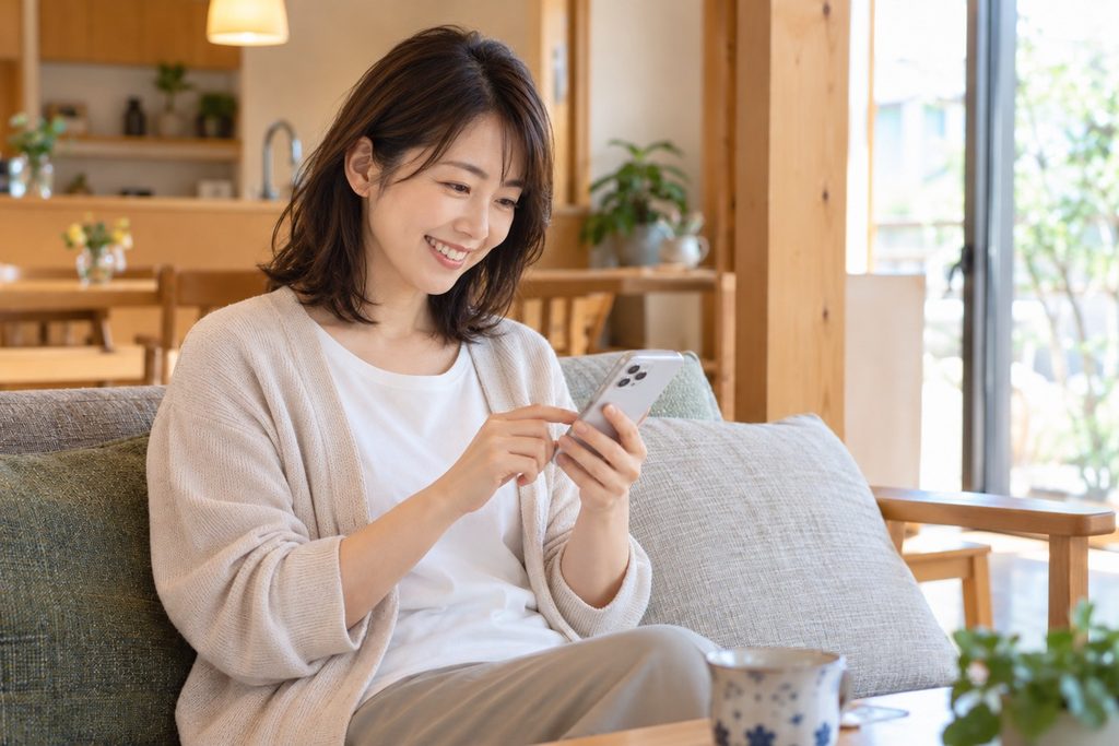 笑顔で、建築士（守屋さん）にLINEで相談している30代の女性（奥様）。