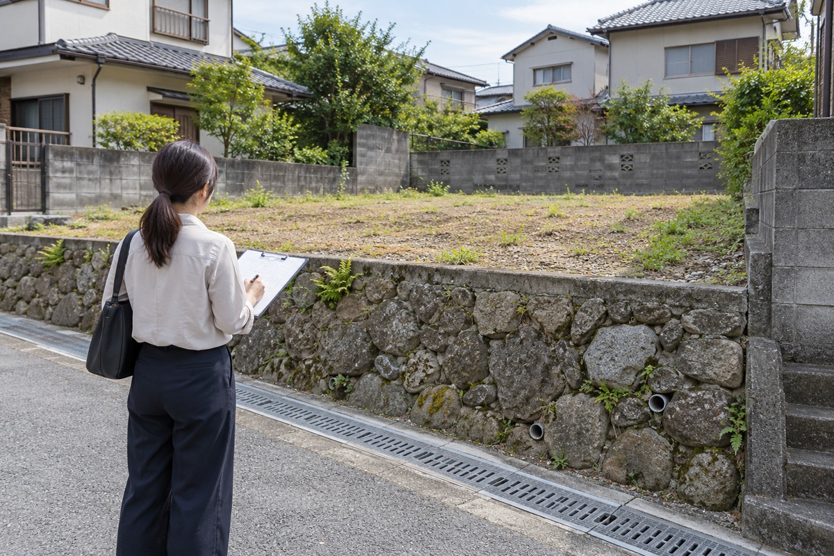 土地を購入する前に現地確認する30代の女性。