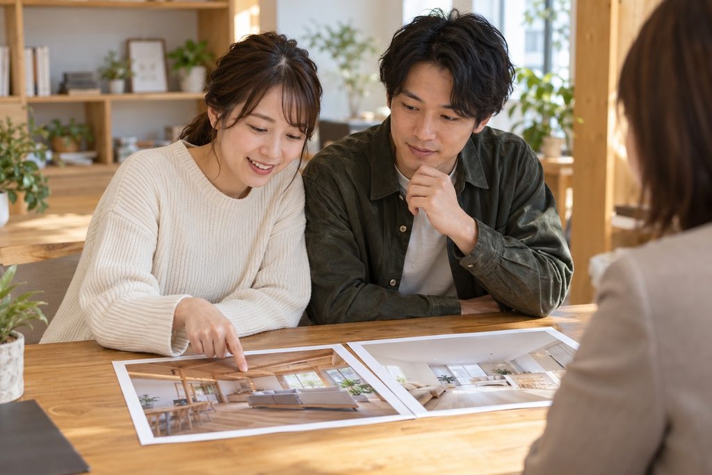 木絆の施工例の写真を見て、どちらが好きか判断する30代のご夫婦。