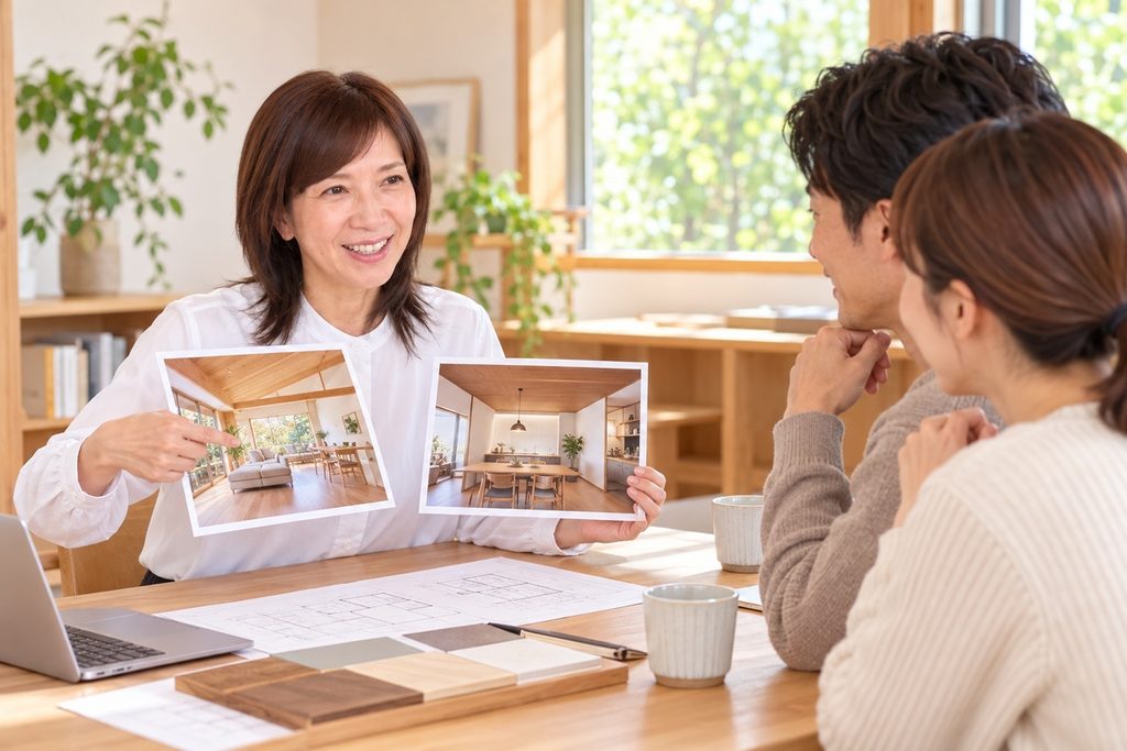 施工例の写真を見せながら、30代のご夫婦に質問する一級建築士の守屋さん。