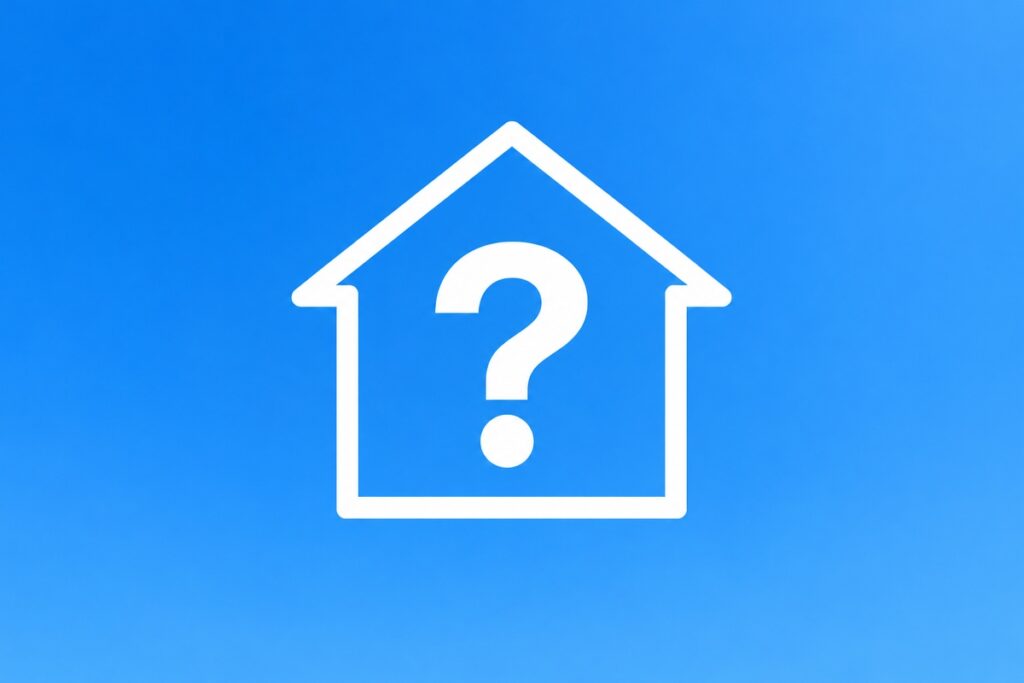 青空バックに家型アイコン。その真ん中に「？」マーク。