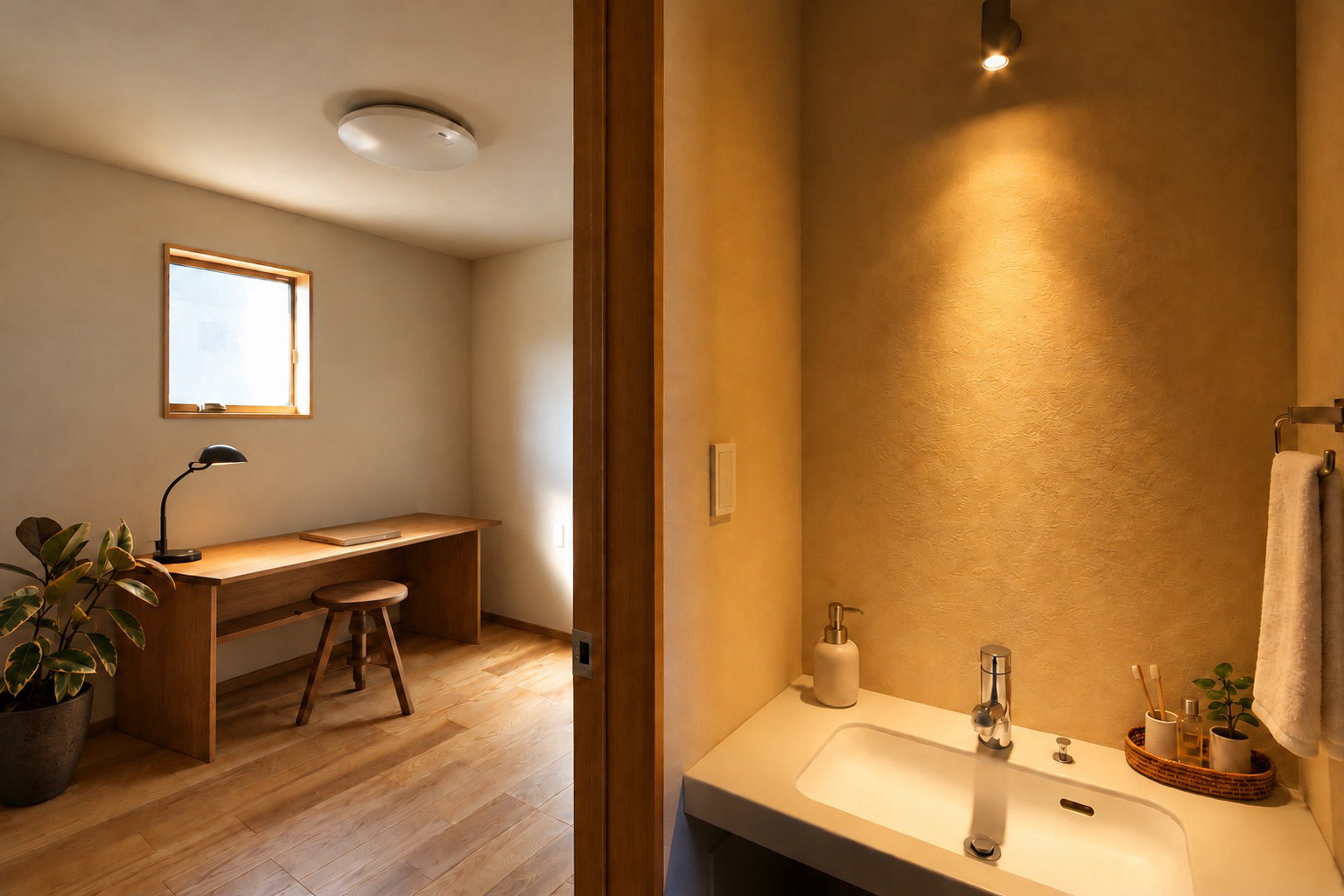 小さな仕事部屋と、やわらかな光の洗面コーナー