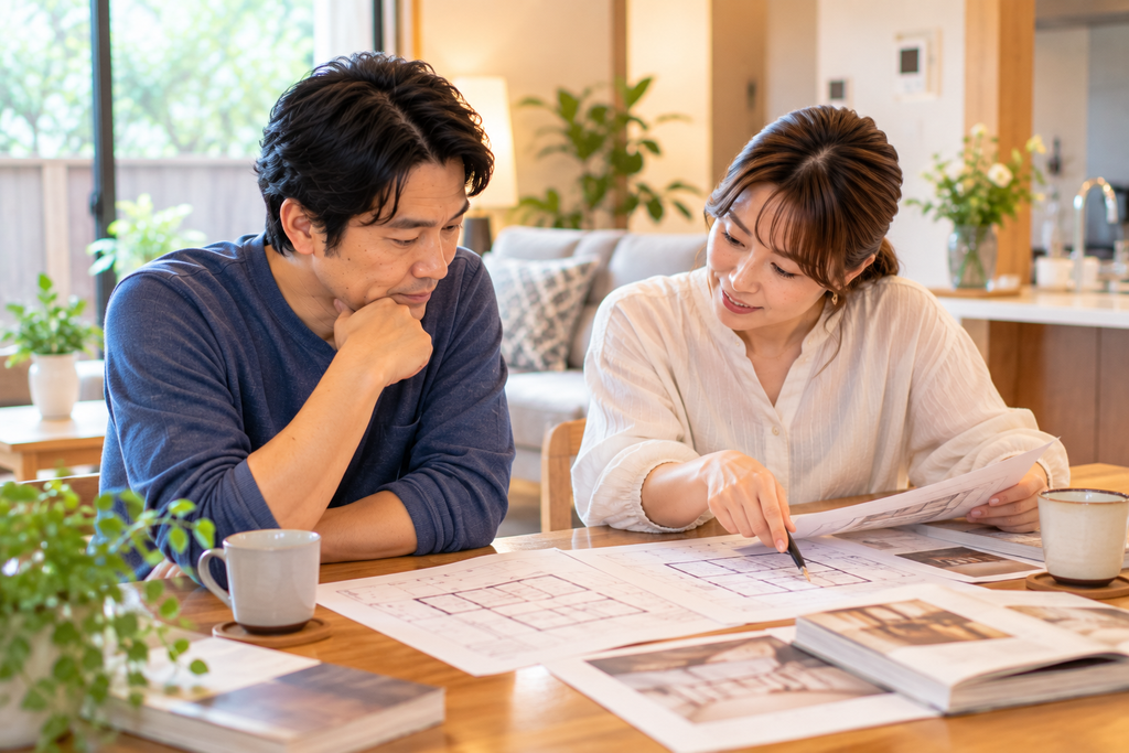 自宅で家づくりについて話し合う夫婦