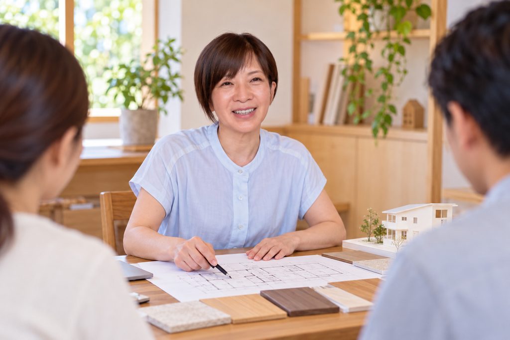 お客様と打ち合わせする笑顔の守屋さん
