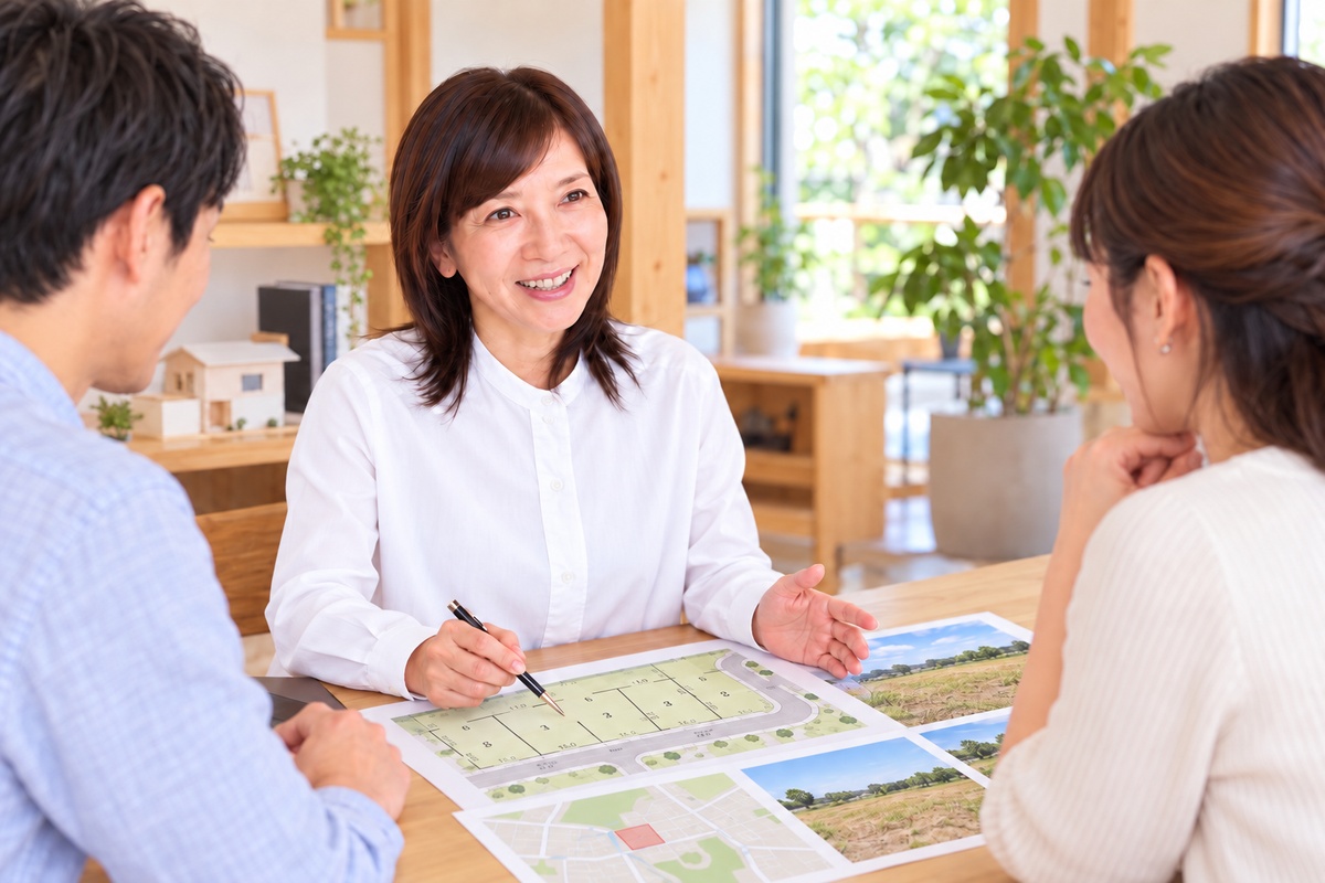 笑顔で土地探しの相談に応じる守屋さん。