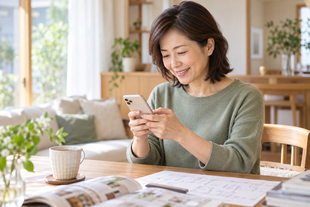 LINEで建築士に相談する50代の女性